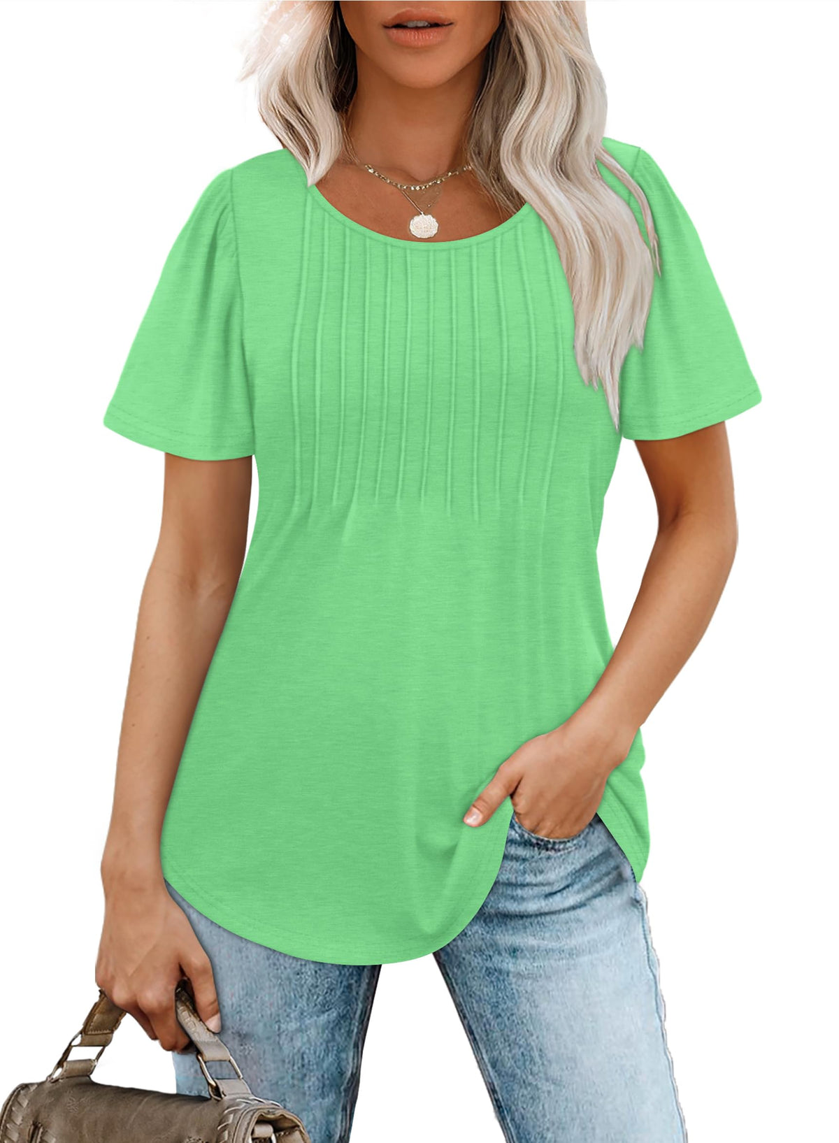 Women's Short Sleeve Pleated Scooped Neck Tops (Buy 3 Free Shipping)
