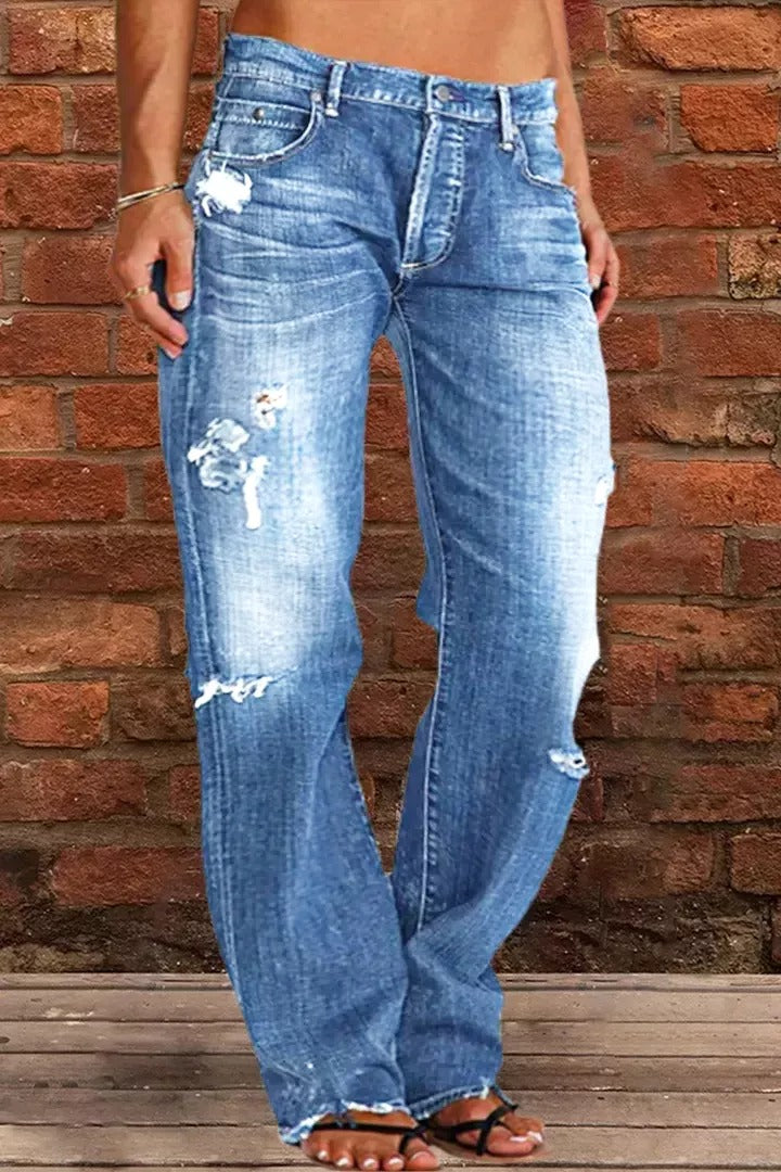 Nouveau Jean Droit Taille Basse Délavé Effet Usé (Achetez-en 2, Livraison Gratuite)