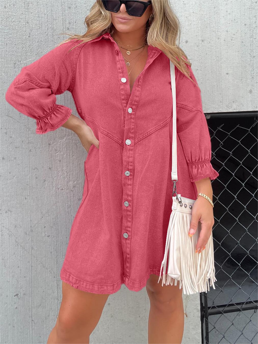 Robe en jean à manches bouffantes boutonnée (2 achetées, livraison gratuite)