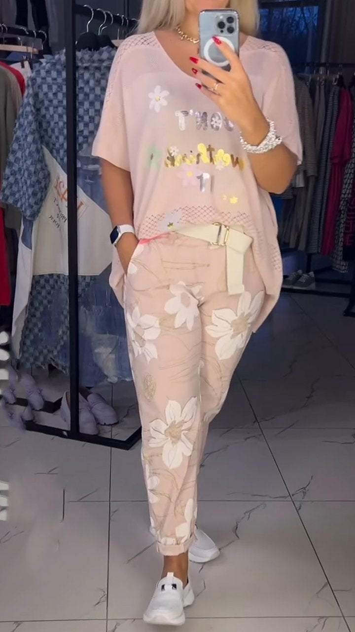 Ensemble deux pièces haut en dentelle et pantalon décontracté à fleurs
