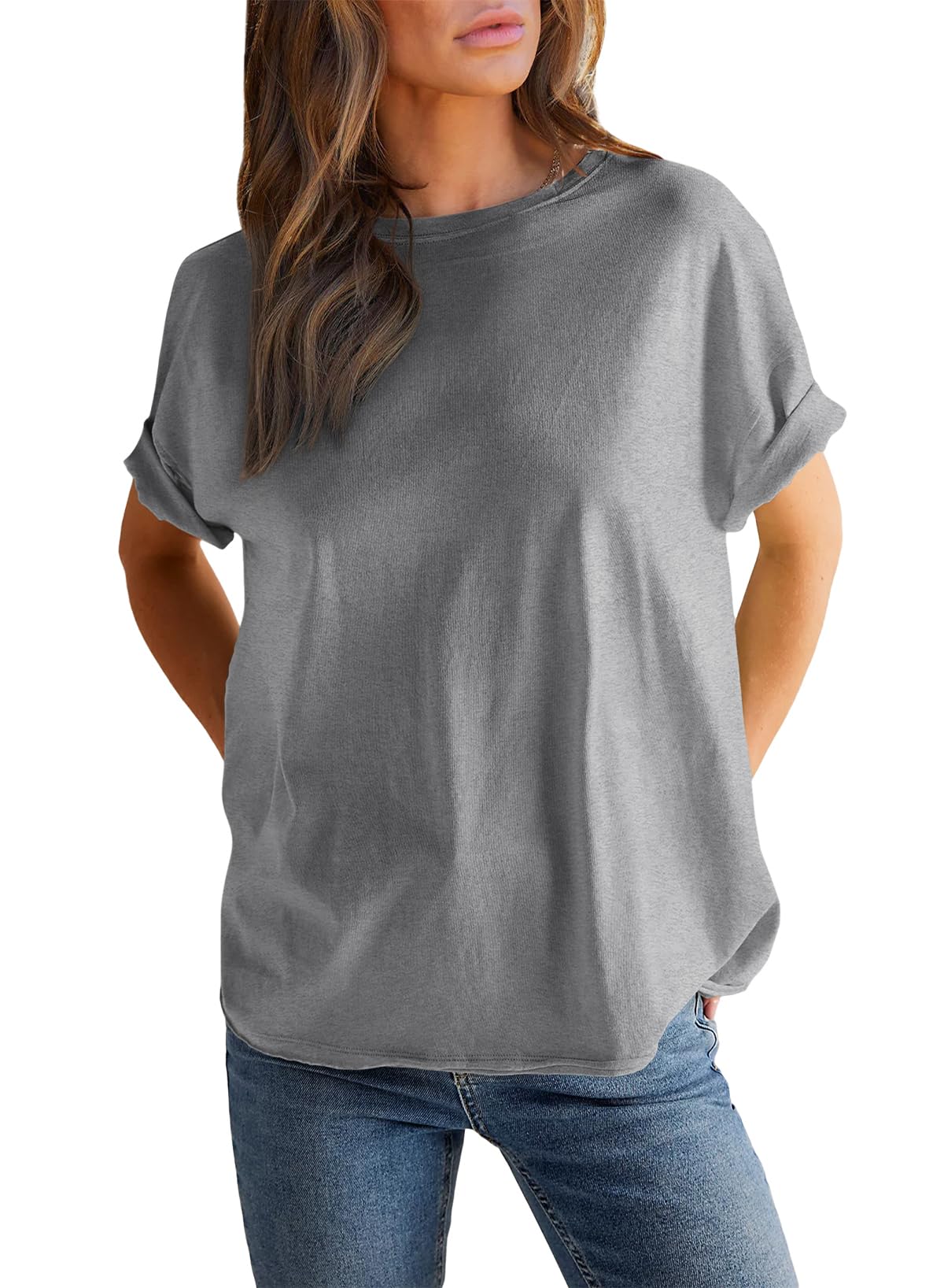 T-shirt uni à col rond et manches courtes pour femme (achetez-en 2, la livraison est offerte)