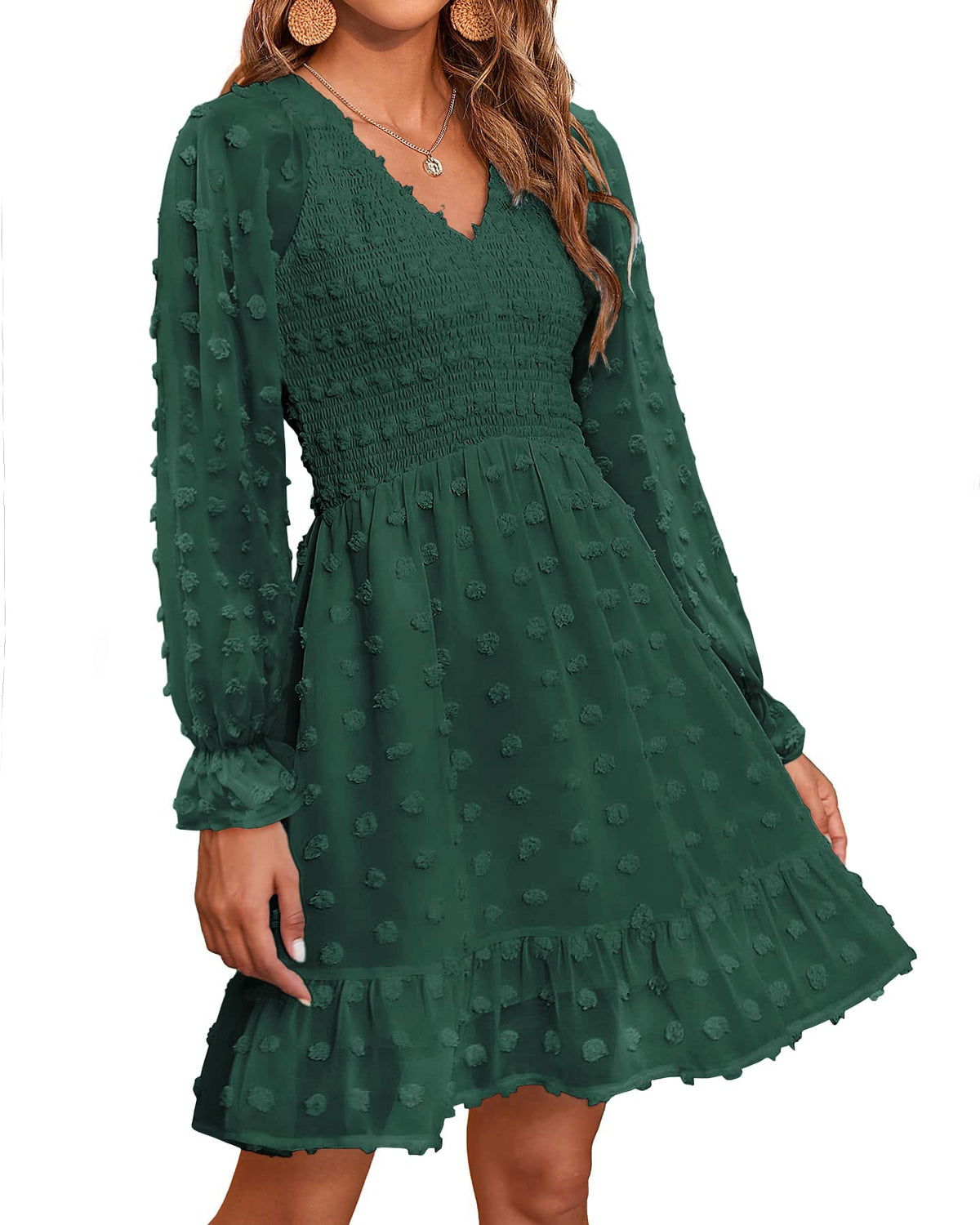 Women's Spring V Neck Swiss Dot Chiffon Mini Dress (Buy 2 Free Shipping)