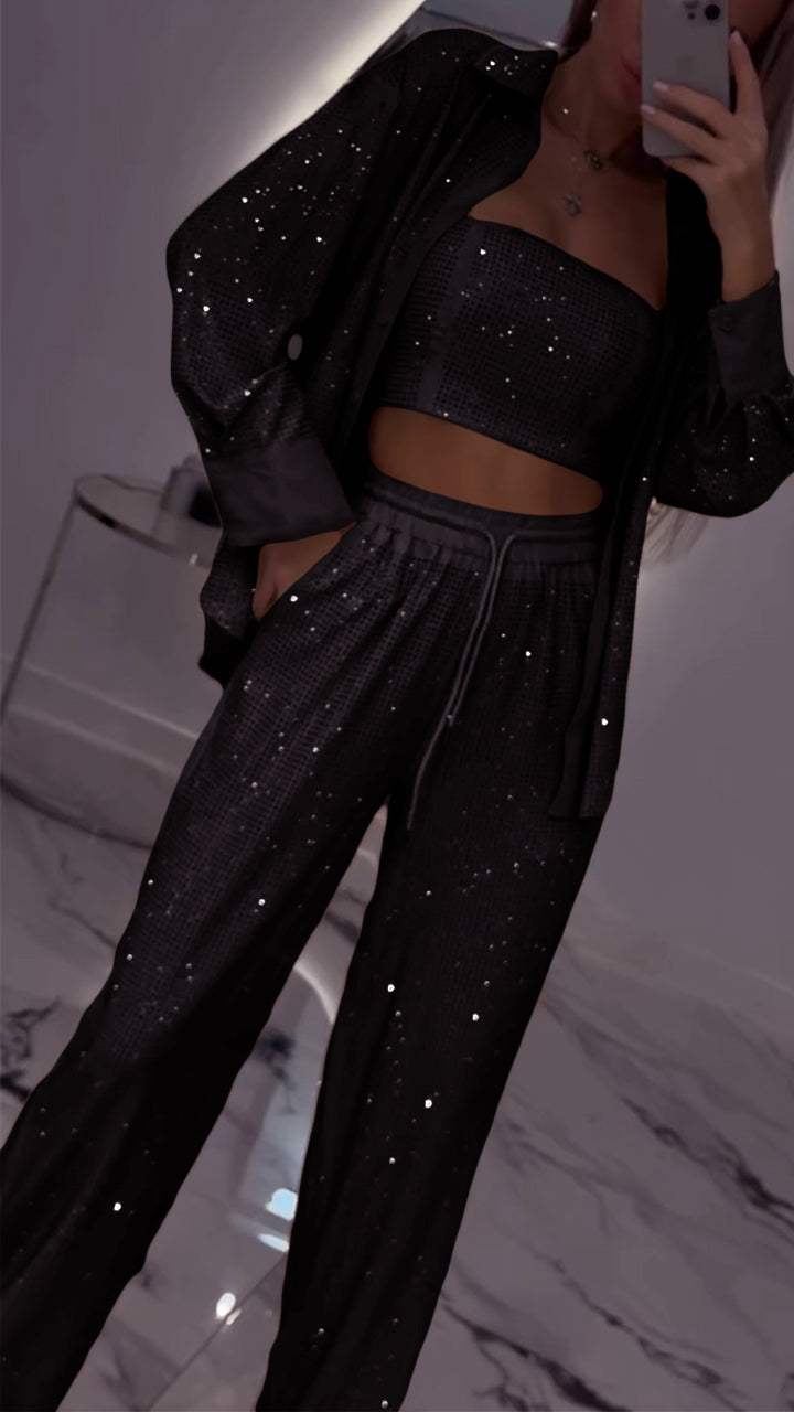 Costume décontracté trois pièces pour femme à revers et strass