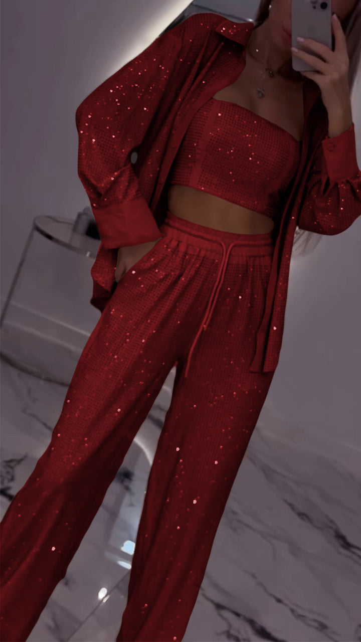 Costume décontracté trois pièces pour femme à revers et strass