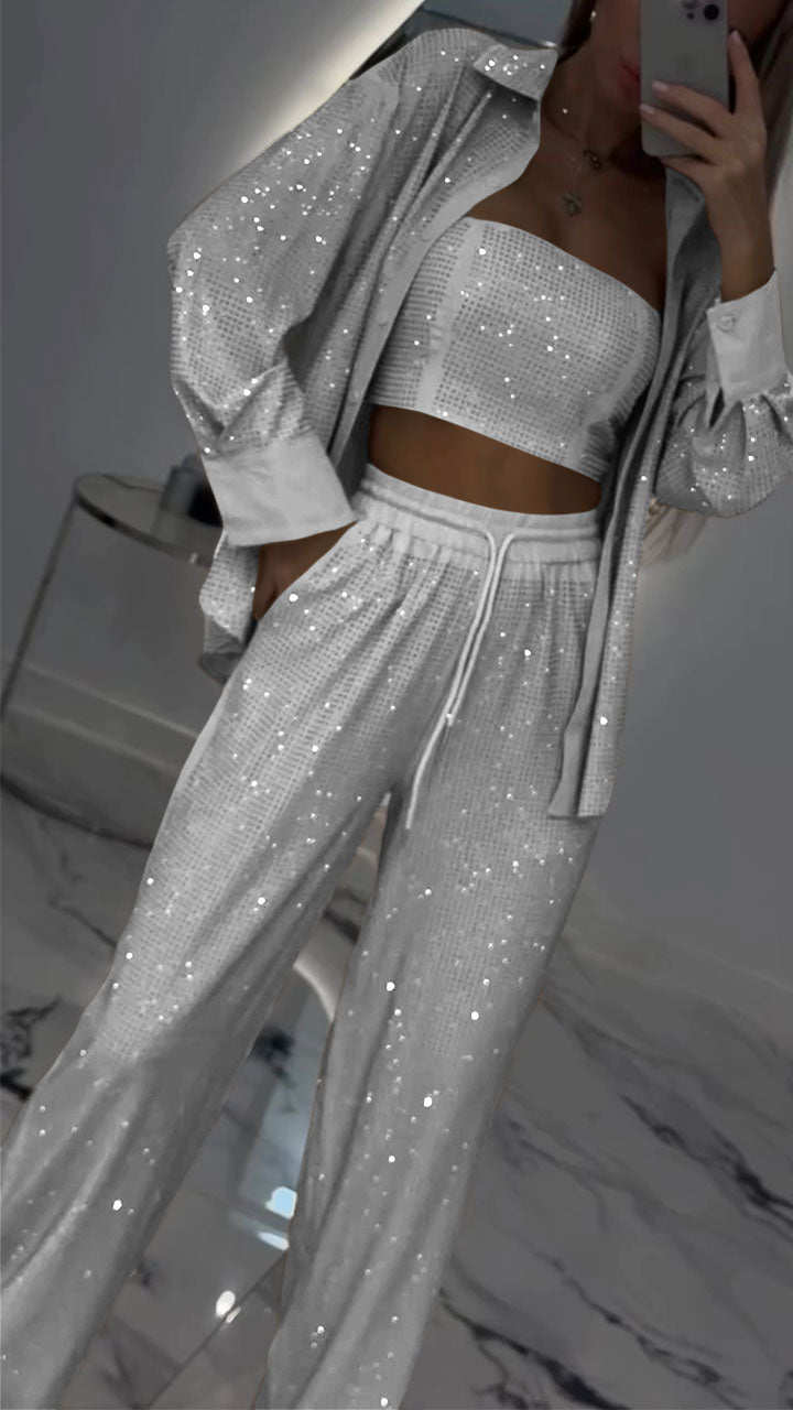Costume décontracté trois pièces pour femme à revers et strass