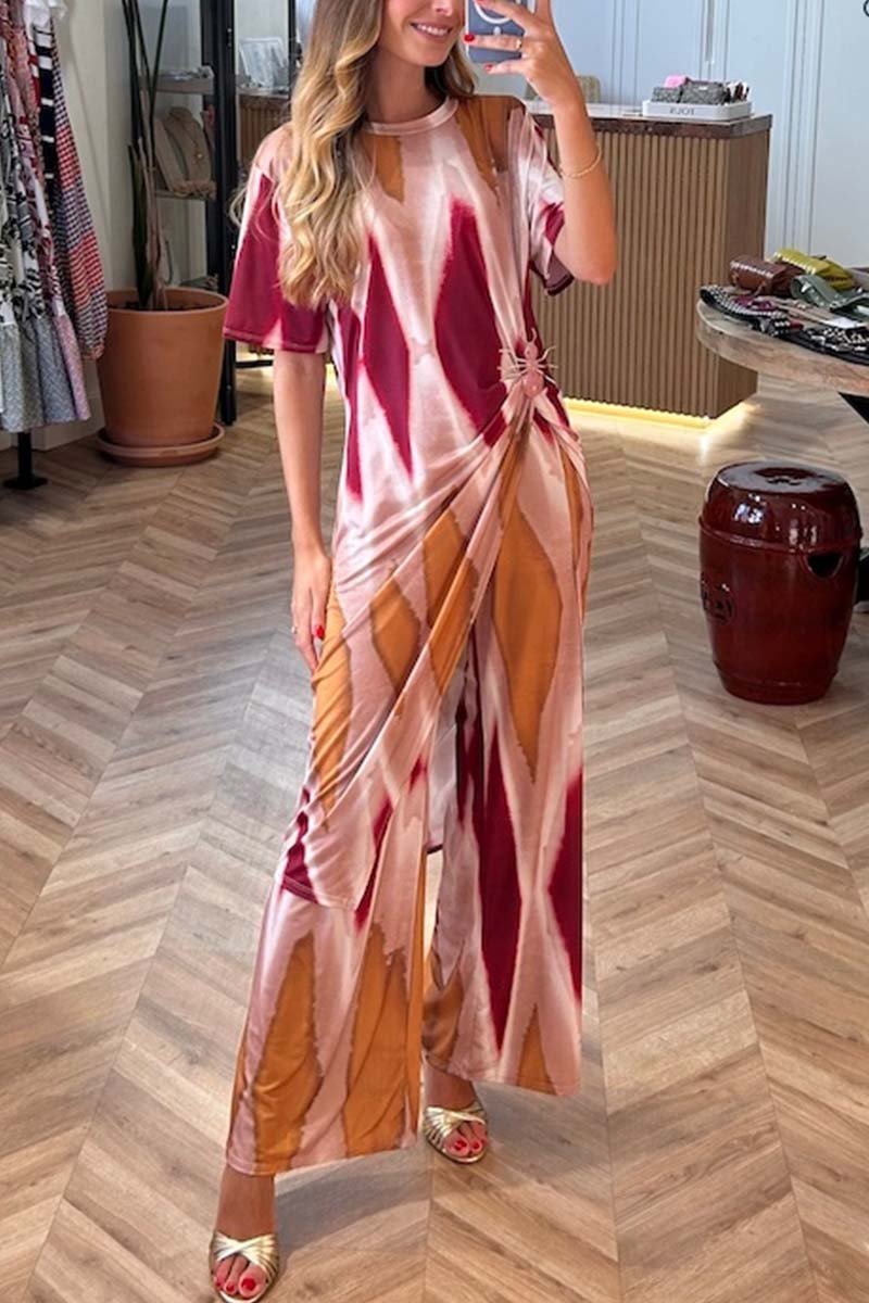 Ensemble deux pièces décontracté pour femme, haut fendu et pantalon tie-dye