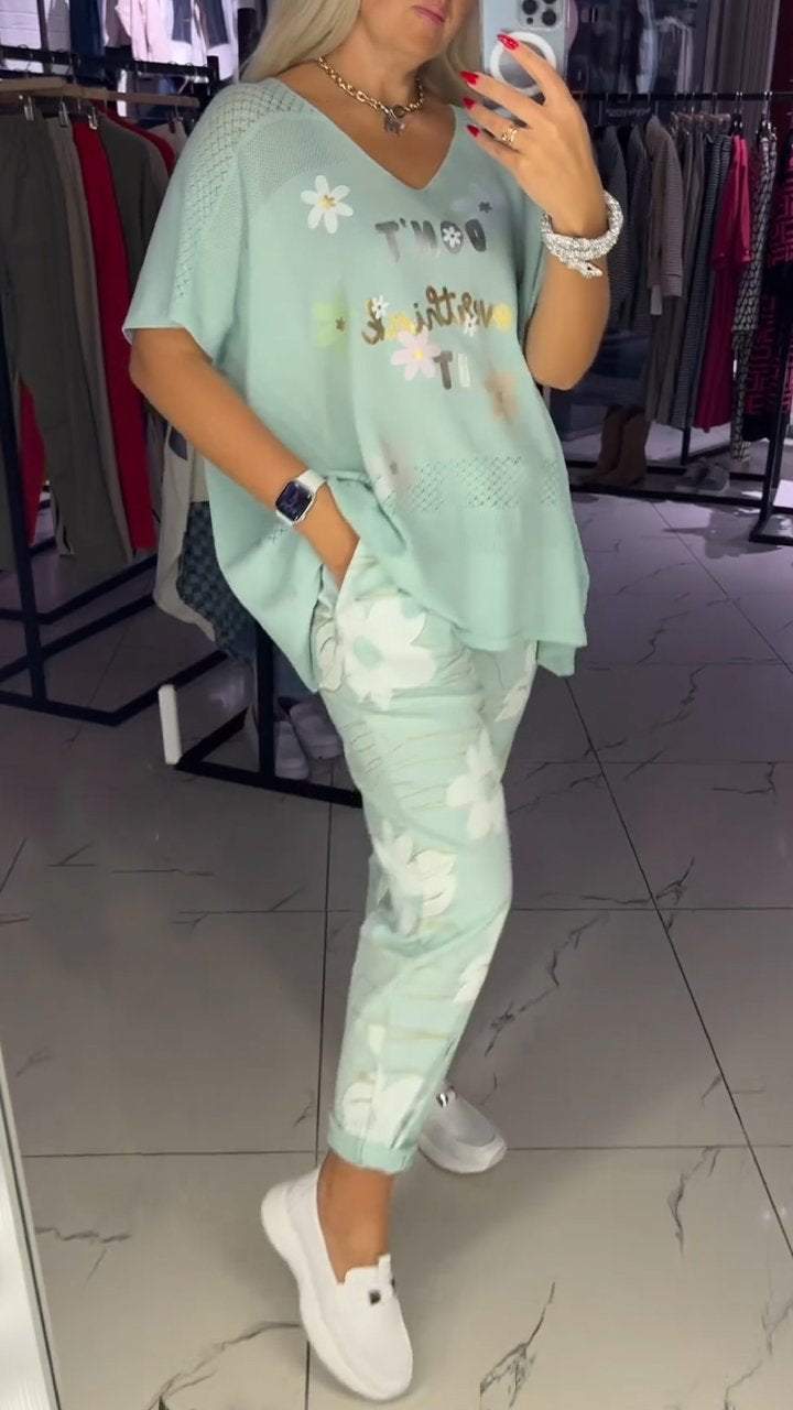 Ensemble deux pièces haut en dentelle et pantalon décontracté à fleurs