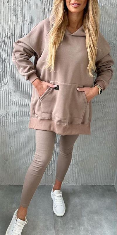 Ensemble de sport deux pièces à capuche et de couleur unie pour femme
