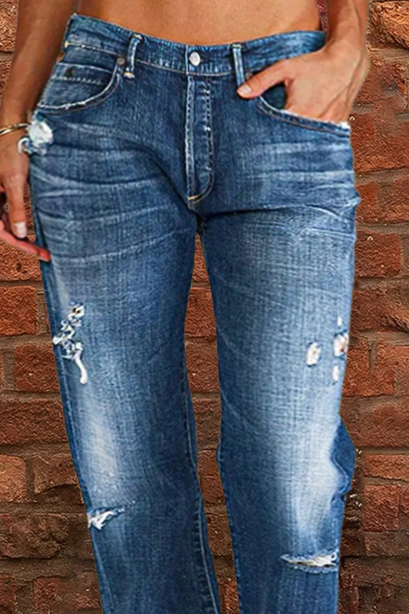 Nouveau Jean Droit Taille Basse Délavé Effet Usé (Achetez-en 2, Livraison Gratuite)