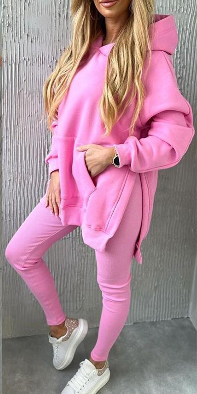 Ensemble de sport deux pièces à capuche et de couleur unie pour femme