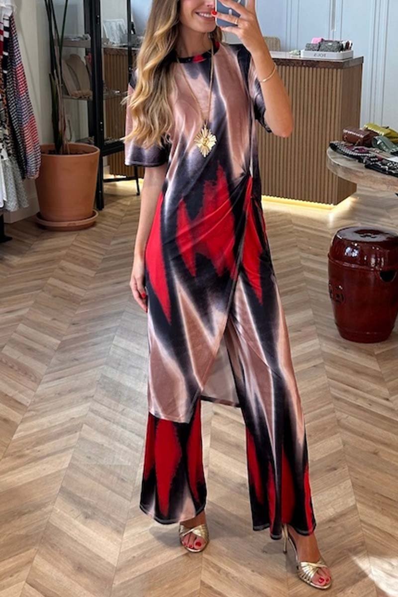 Ensemble deux pièces décontracté pour femme, haut fendu et pantalon tie-dye