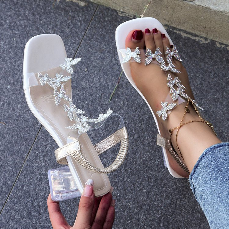 Women's Butterfly Rhinestone Block Heel Sandals