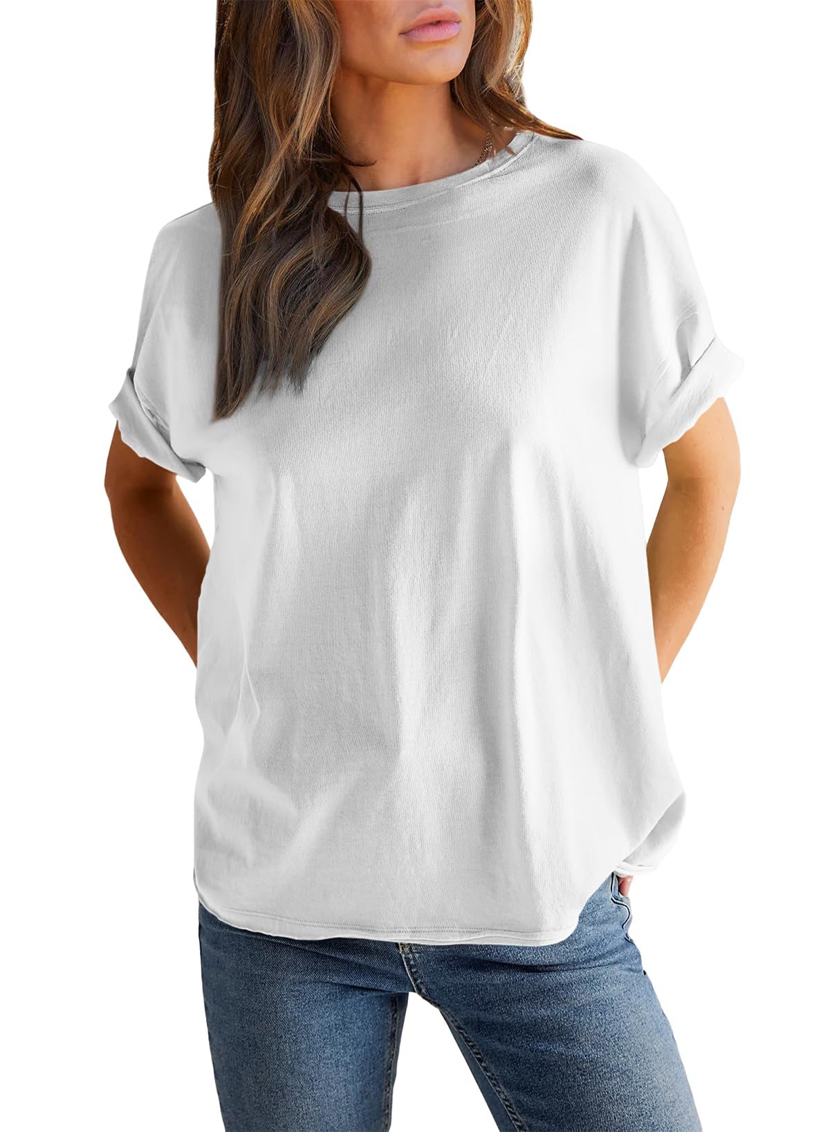 T-shirt uni à col rond et manches courtes pour femme (achetez-en 2, la livraison est offerte)