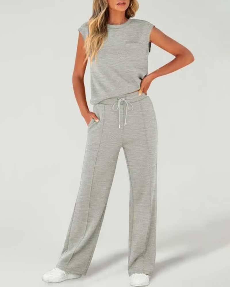Ensemble deux pièces caraco uni et pantalon large à taille coulissée pour femme