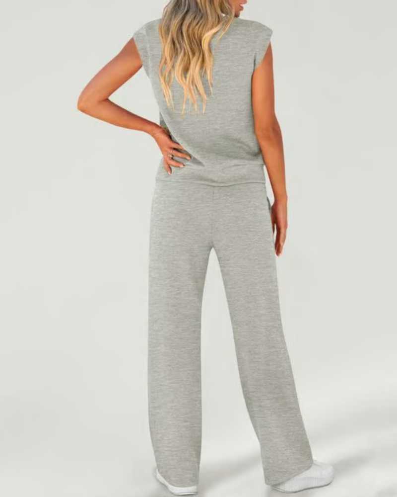 Ensemble deux pièces caraco uni et pantalon large à taille coulissée pour femme
