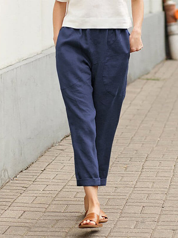 Pantalon ample femme grande taille en lin-coton