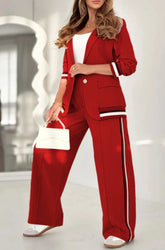 2 Pcs Set Women Suit Coat Pants Suit Lapel Long Sleeves Lady Jacket Wide Leg High Waist Trousers Female Commuting Office Outfit