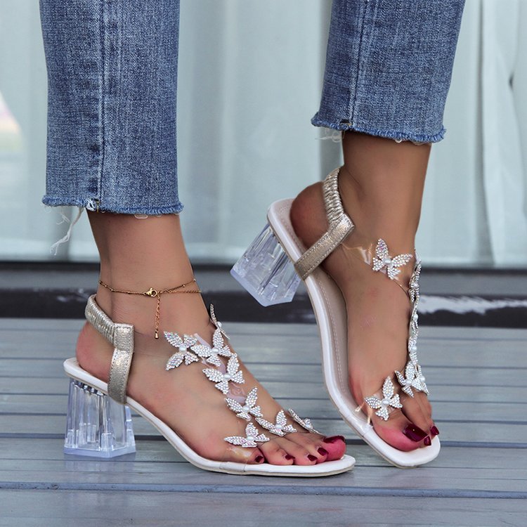 Women's Butterfly Rhinestone Block Heel Sandals