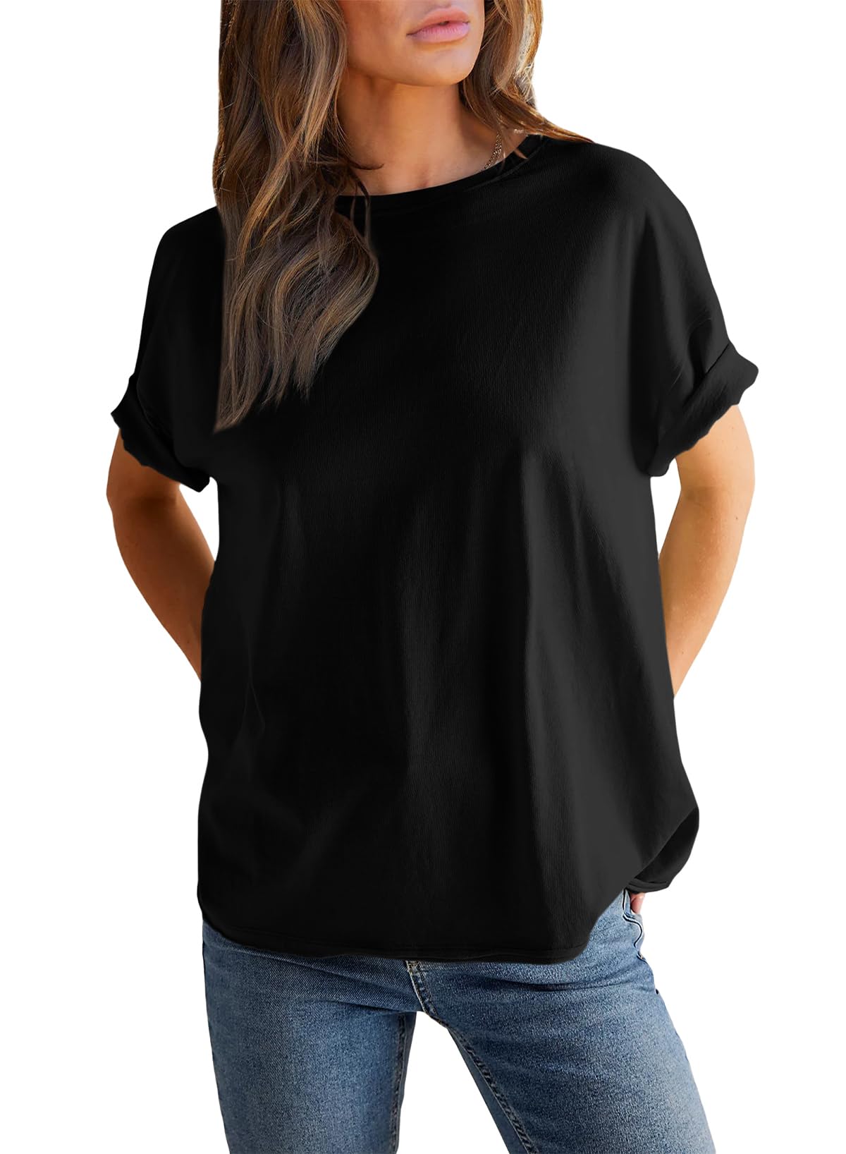 T-shirt uni à col rond et manches courtes pour femme (achetez-en 2, la livraison est offerte)