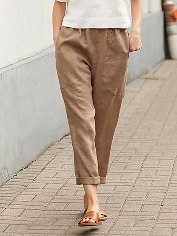 Pantalon ample femme grande taille en lin-coton