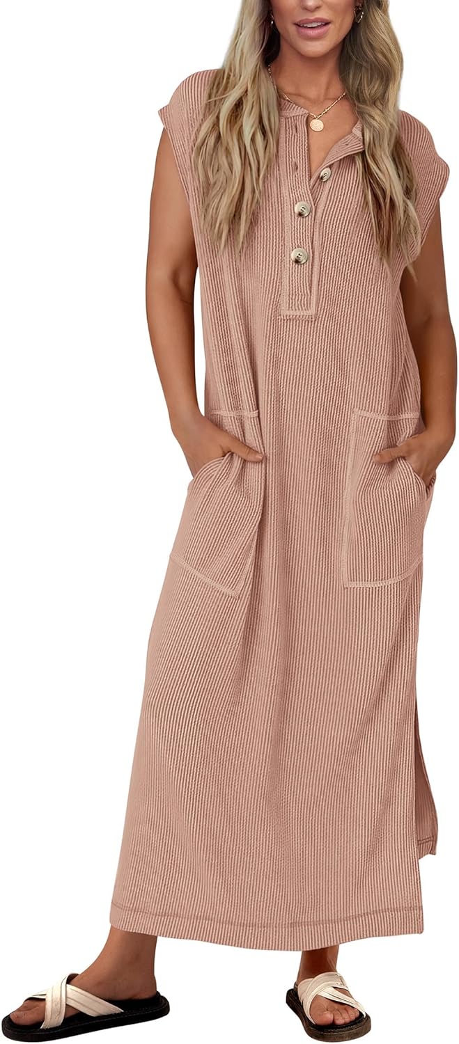 Women's Ribbed Henley Button Up Split Long Dress (Buy 2 Free Shipping)