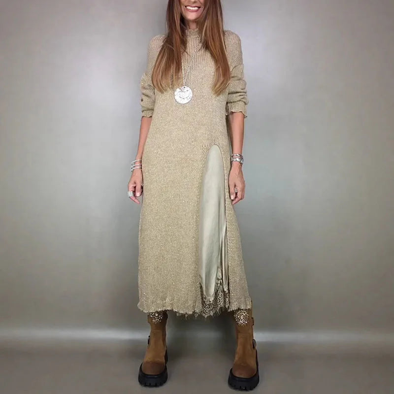 Charming Satin Dress and Long Handcrafted Knit Sweater Set