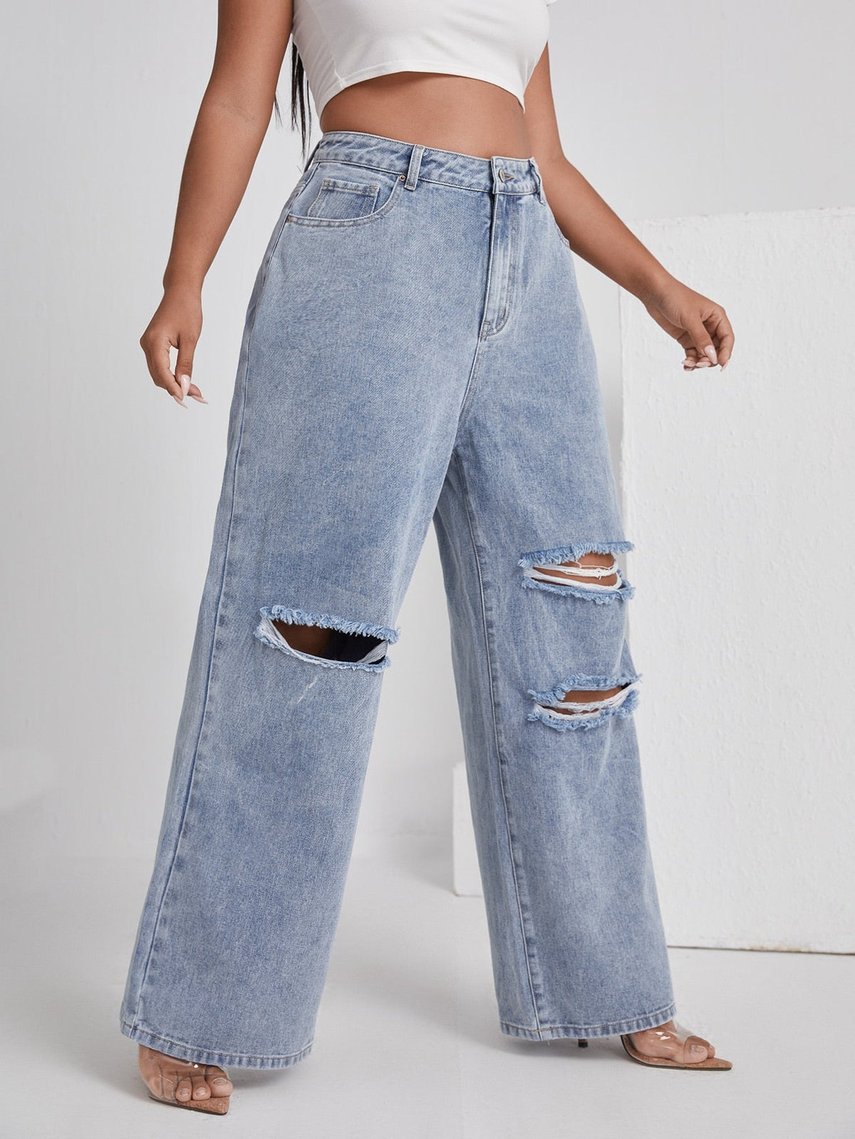 Plus Size High Waist Jeans mit weitem Bein und Rissen