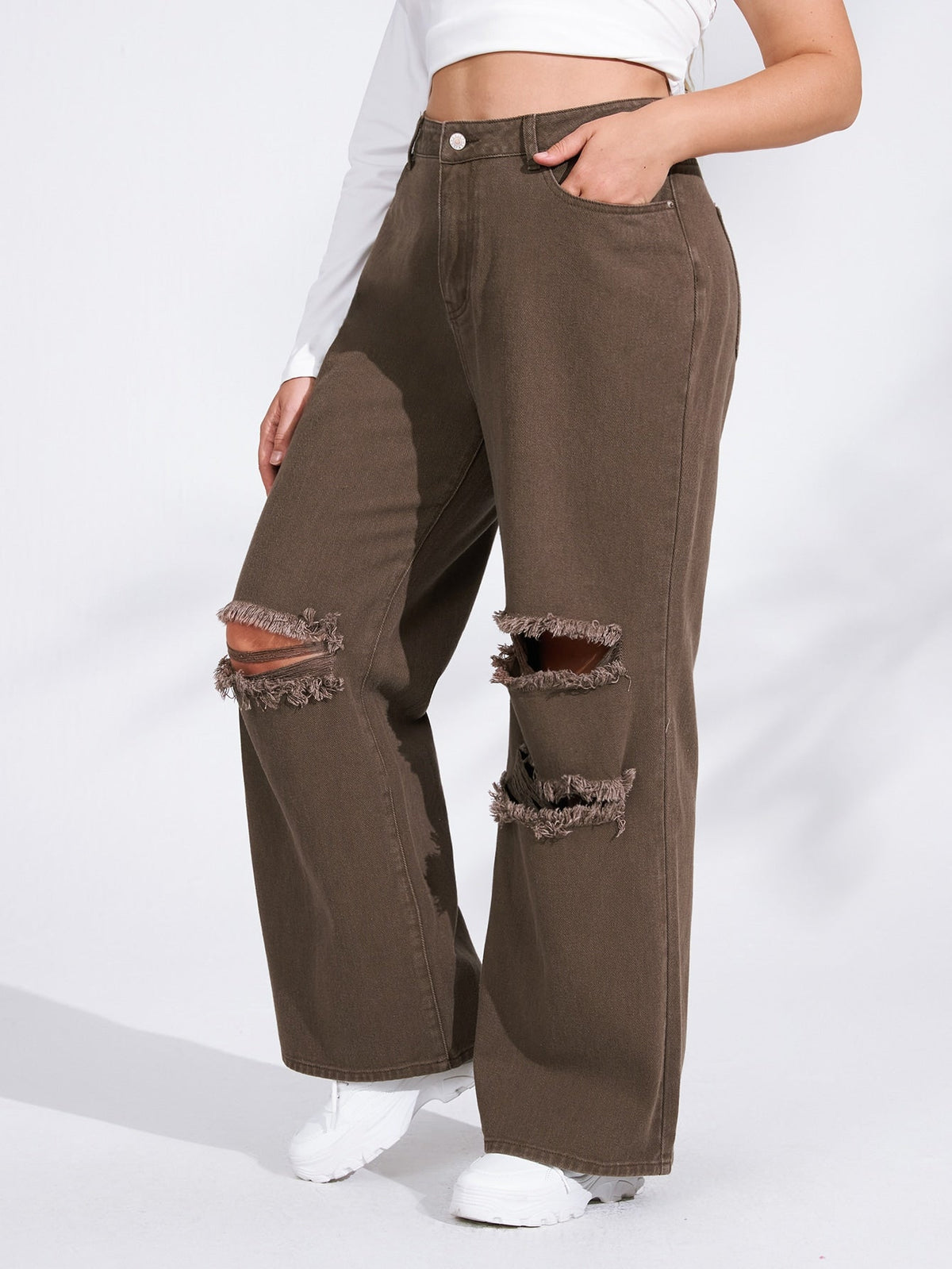 Plus Size High Waist Jeans mit weitem Bein und Rissen
