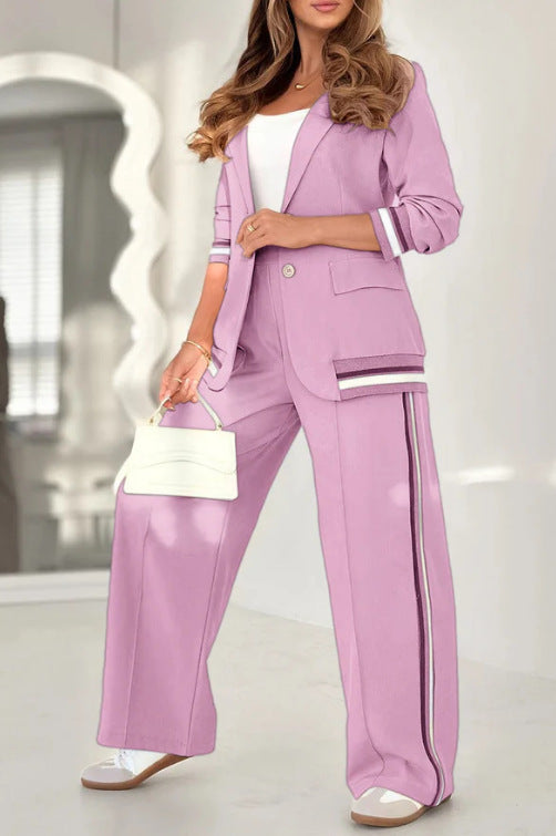 2 Pcs Set Women Suit Coat Pants Suit Lapel Long Sleeves Lady Jacket Wide Leg High Waist Trousers Female Commuting Office Outfit