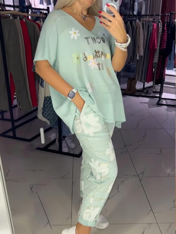 Ensemble deux pièces haut en dentelle et pantalon décontracté à fleurs
