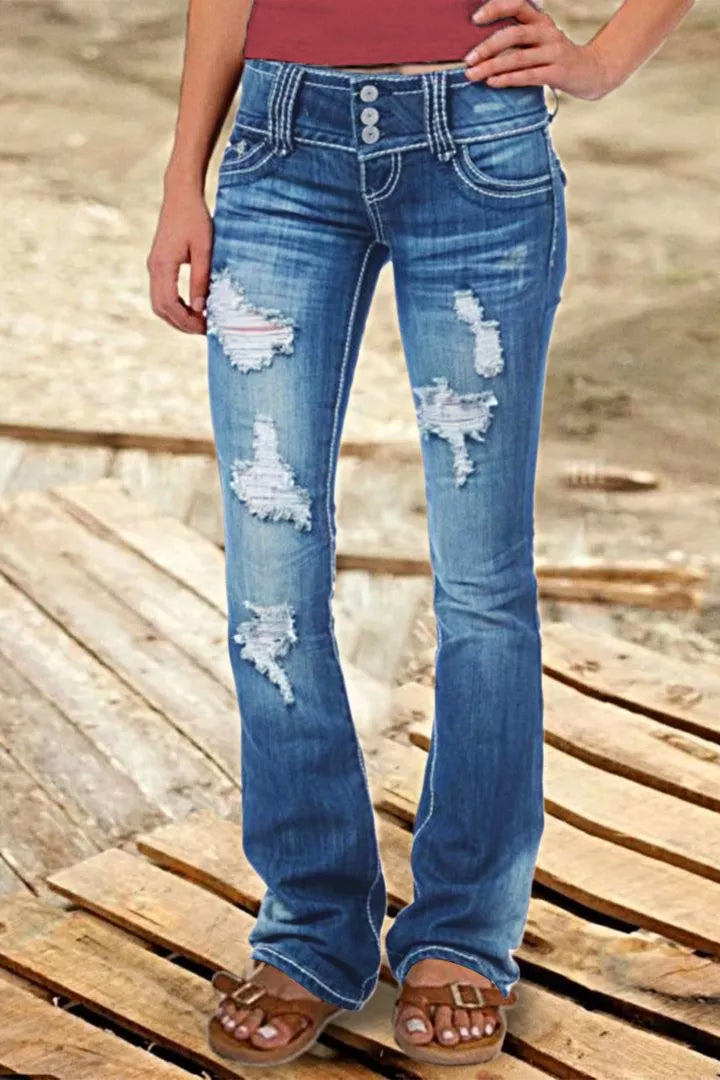 Jean vintage taille basse déchiré et boutonné