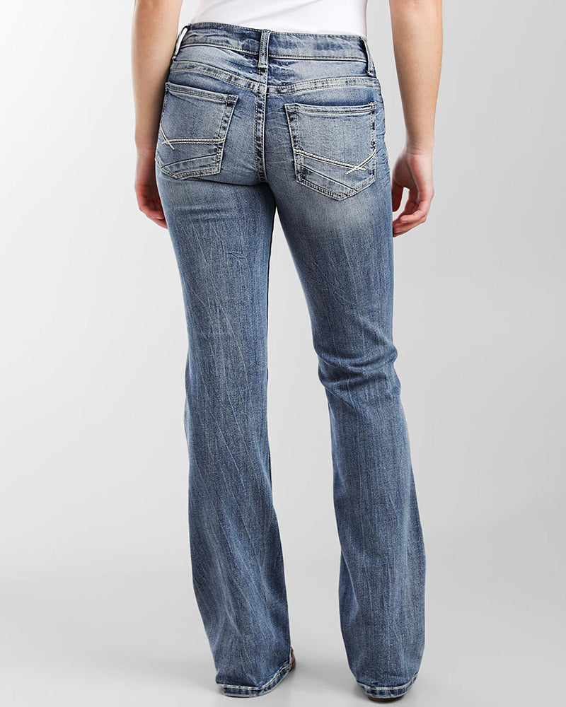 Jeans taille basse style années 90, broderie vintage sur les poches