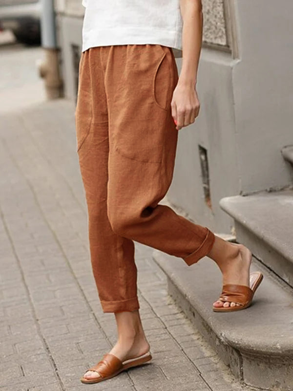 Pantalon ample femme grande taille en lin-coton