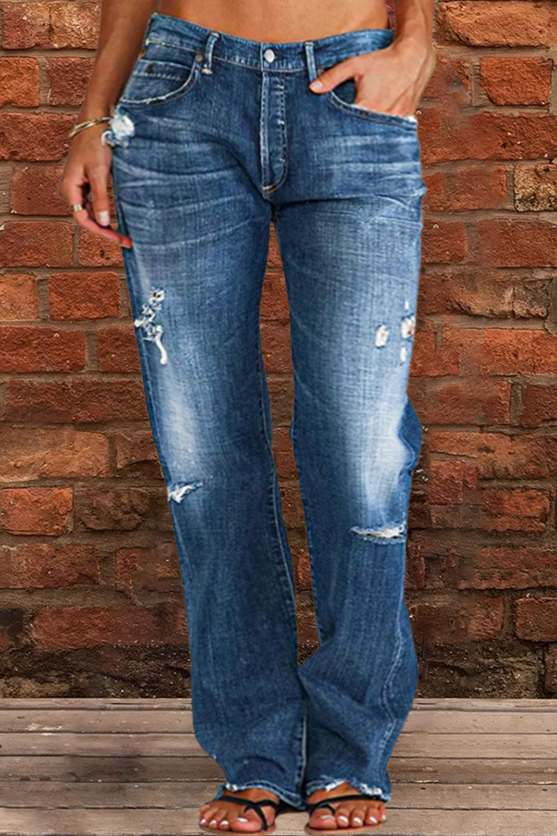 Nouveau Jean Droit Taille Basse Délavé Effet Usé (Achetez-en 2, Livraison Gratuite)