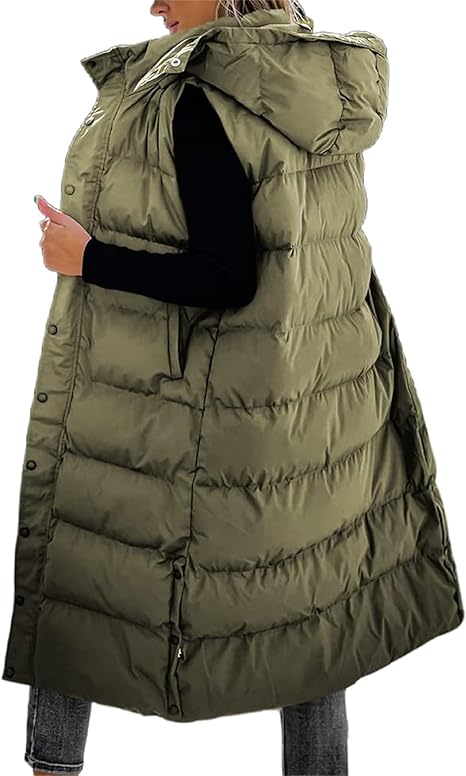 Gilet long matelassé pour femme | Capuche matelassée et fermeture boutonnée ❄️