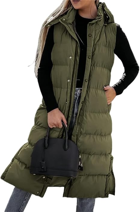 Gilet long matelassé pour femme | Capuche matelassée et fermeture boutonnée ❄️