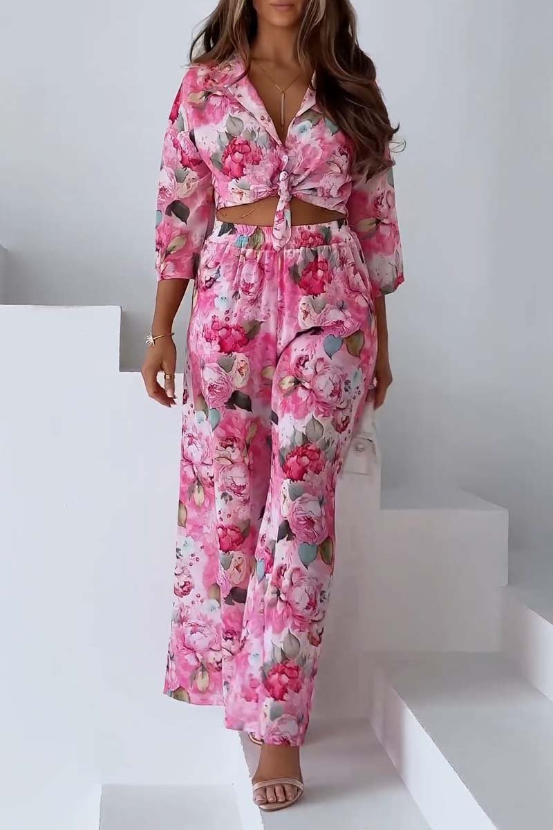 Ensemble deux pièces décontracté pour femme avec pantalon ample à imprimé floral
