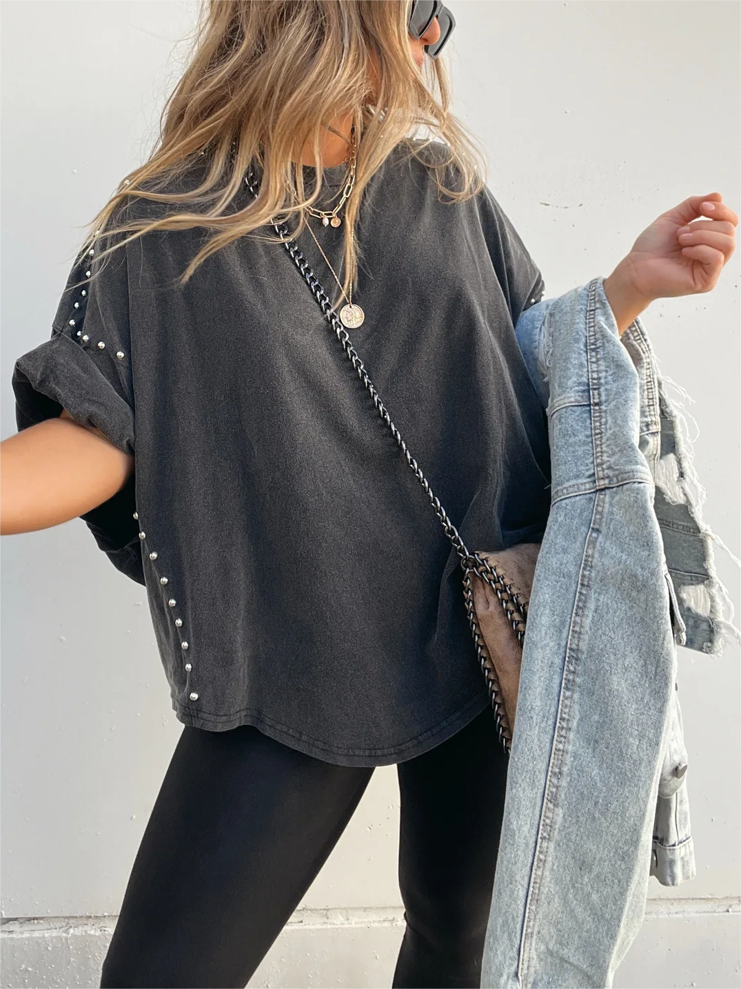 Washed Roll Sleeve Studded Oversized Short Sleeve Top (Buy 2 Free Shipping)
