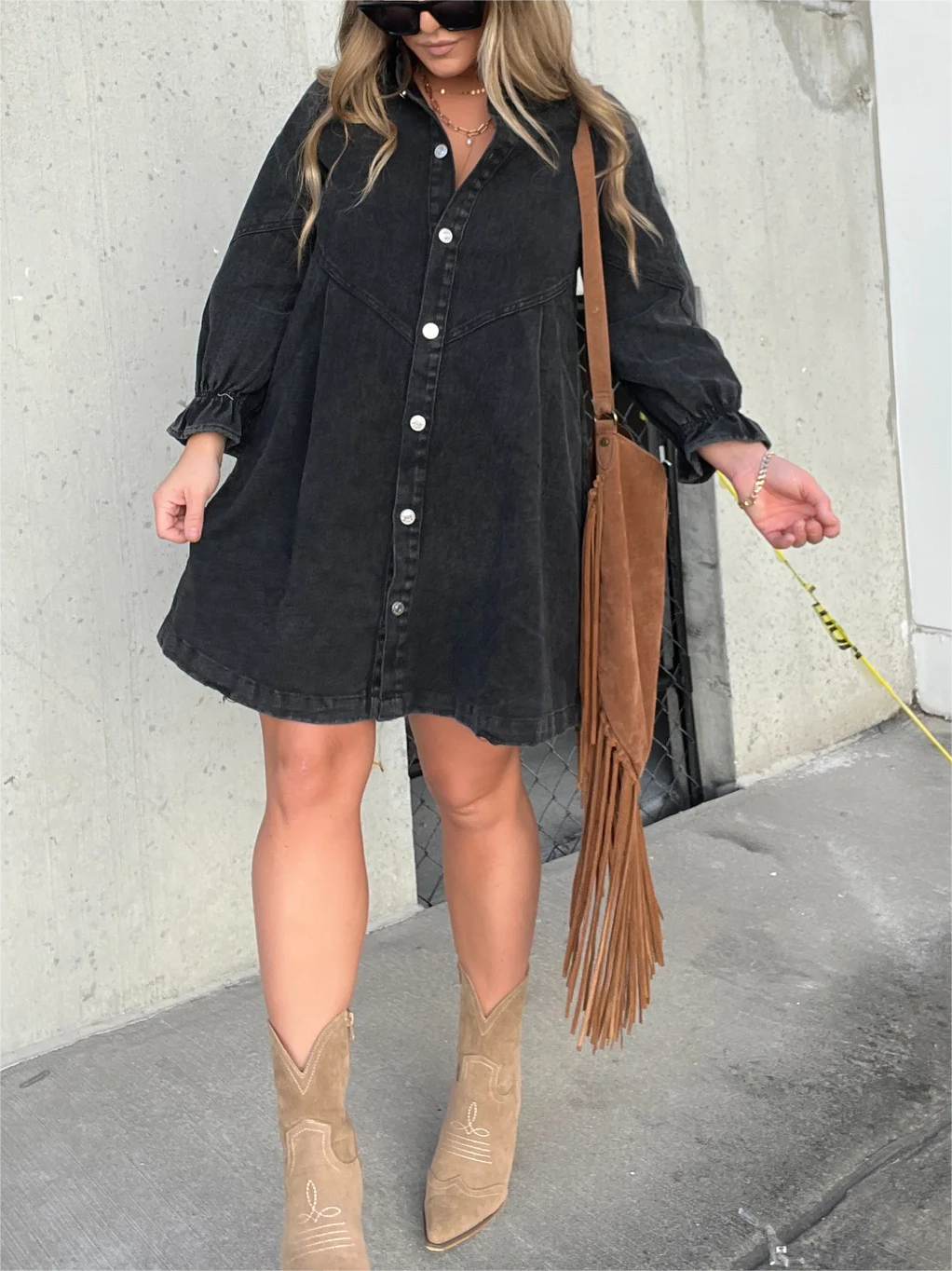 Robe en jean à manches bouffantes boutonnée (2 achetées, livraison gratuite)