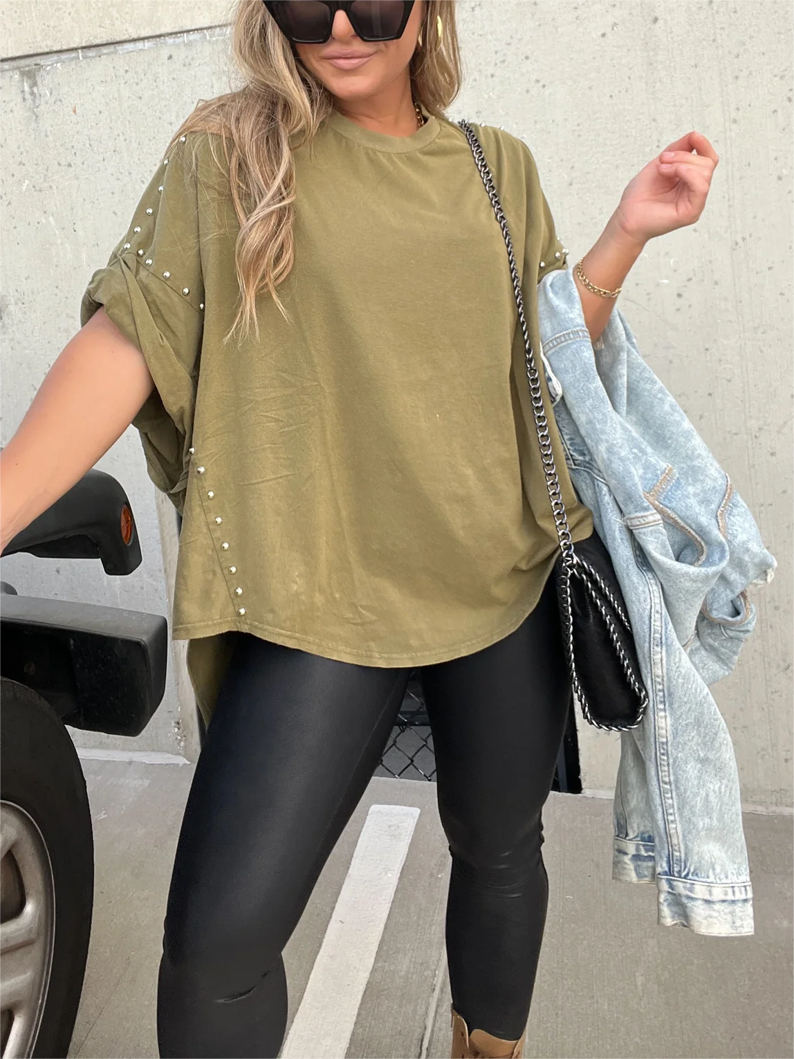 Washed Roll Sleeve Studded Oversized Short Sleeve Top (Buy 2 Free Shipping)