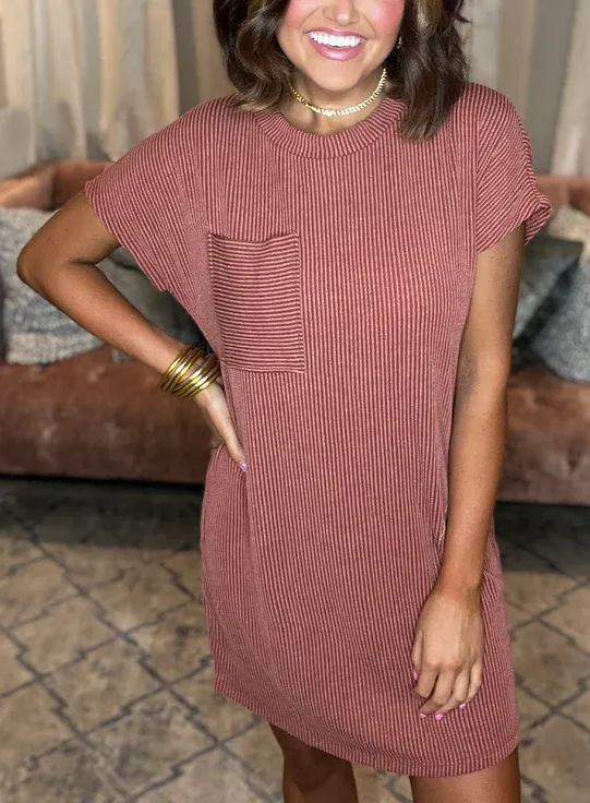 New Ribbed Round Neck Pocket Dress (Buy 2 Free Shipping)