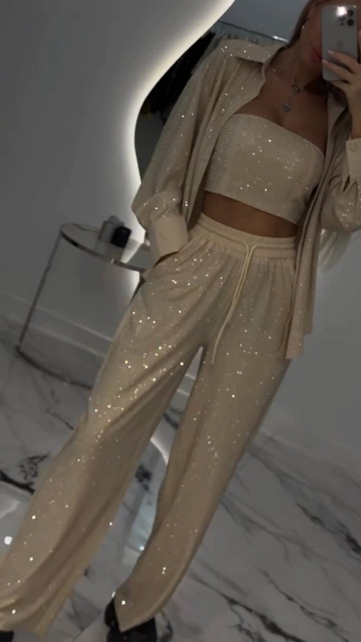 Costume décontracté trois pièces pour femme à revers et strass