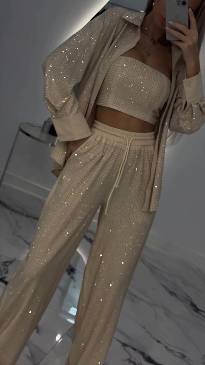 Costume décontracté trois pièces pour femme à revers et strass