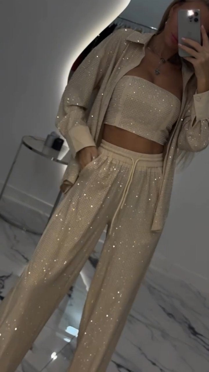 Costume décontracté trois pièces pour femme à revers et strass