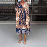 Printed V Neck Loose Midi Dress