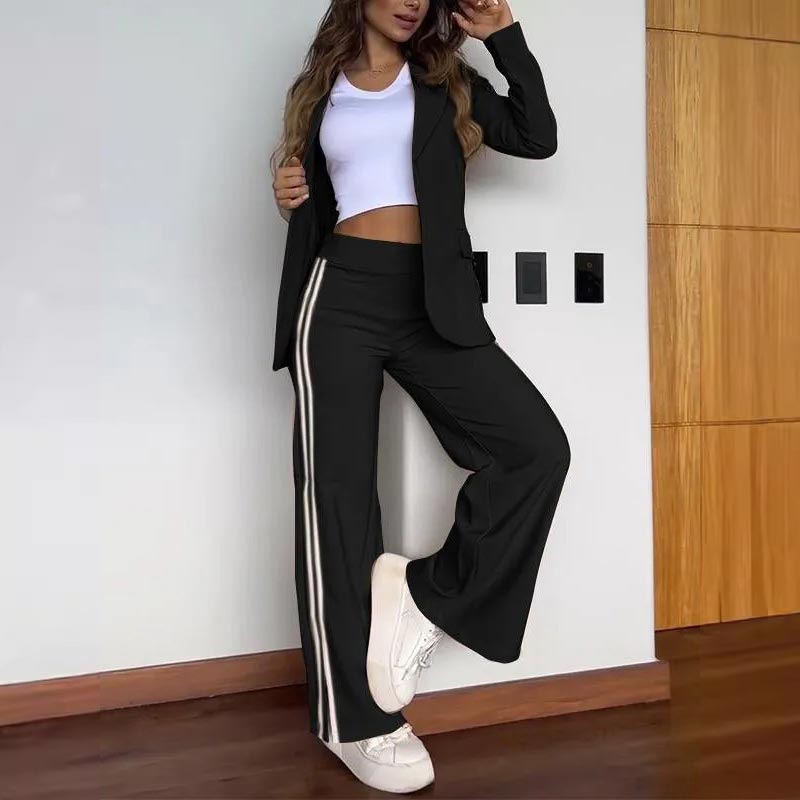 Ensemble blazer décontracté à revers crantés et pantalon large pour femme