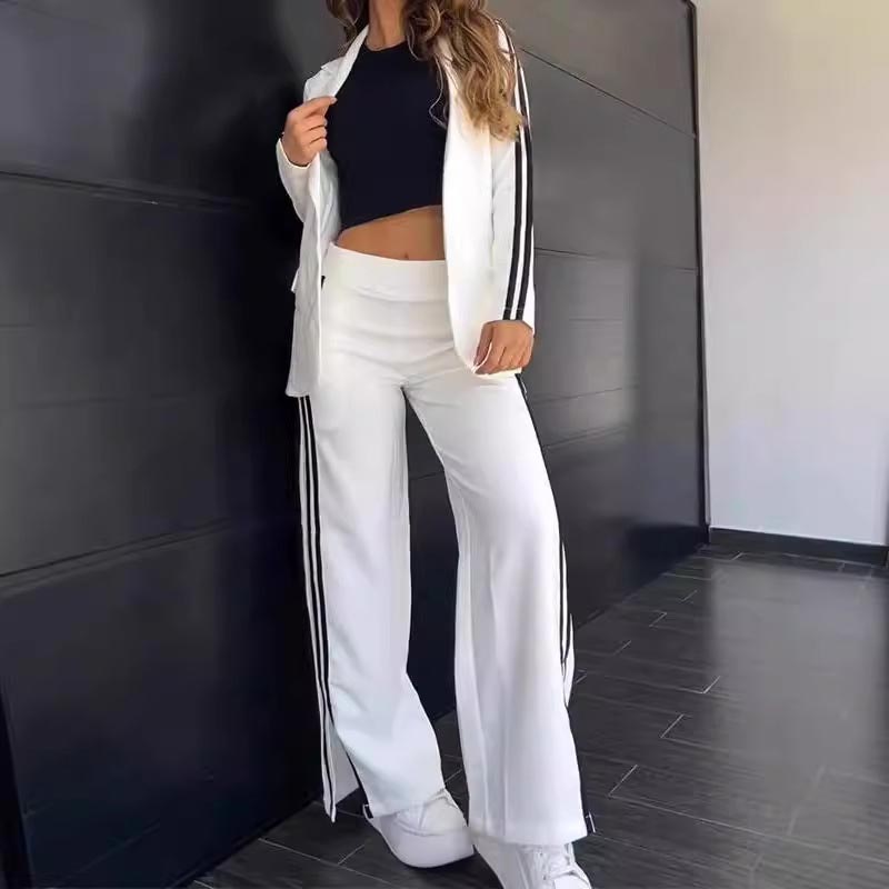 Ensemble blazer décontracté à revers crantés et pantalon large pour femme