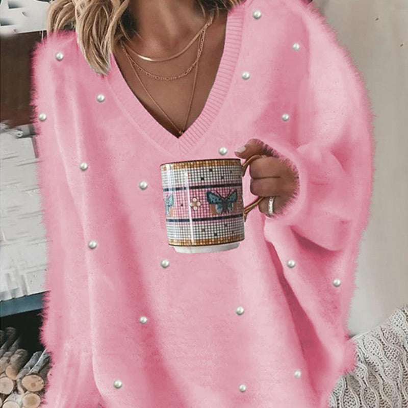 🔥Hot Sale Offers-V-Neck Long Sleeve Beaded Decor Oversized Sweater Fluffy Pullover Top