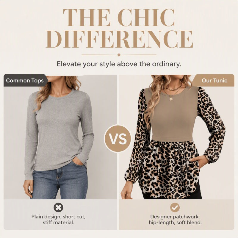 Women's Leopard Print Patchwork Tunic Top – Relaxed Long Sleeve