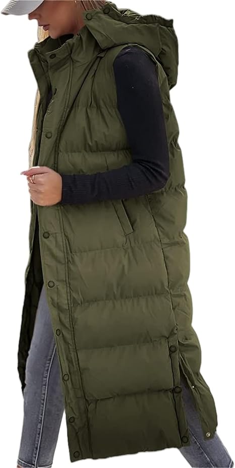 Gilet long matelassé pour femme | Capuche matelassée et fermeture boutonnée ❄️